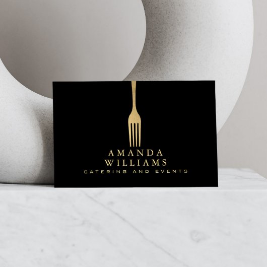 Modern Faux Gold Fork Catering Logo op zwart Visitekaartje
