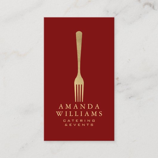 Modern Faux Gold Fork Catering Logo Red Vertical Visitekaartje (Voorkant)