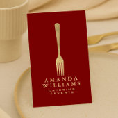 Modern Faux Gold Fork Catering Logo Red Vertical Visitekaartje