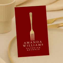 Modern Faux Gold Fork Catering Logo Red Vertical Visitekaartje
