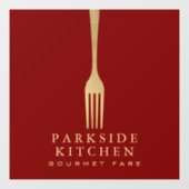 Modern Faux Gold Fork Restaurant Logo on Red Raamsticker (Vel)