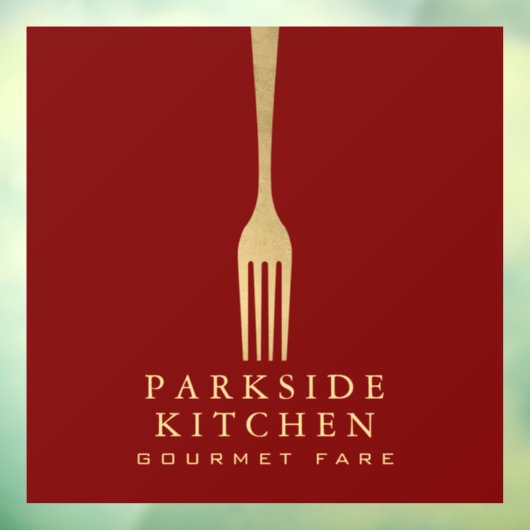 Modern Faux Gold Fork Restaurant Logo on Red Raamsticker (Vel 3)