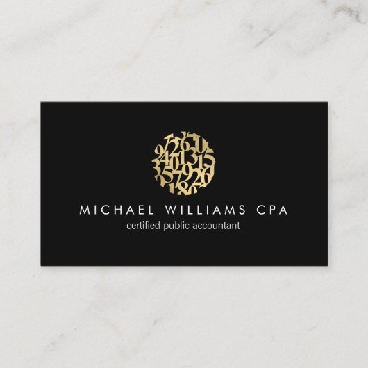 Modern Faux Gold Numbers Logo Accountant Zwart Visitekaartje (Voorkant)