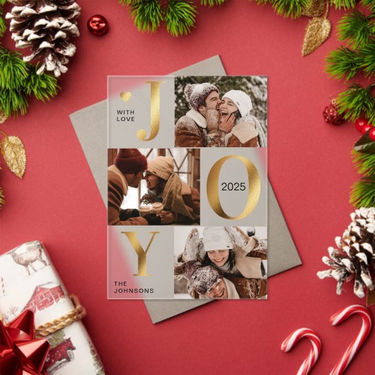 Modern Faux Gold Photo Collage Joy Christmas Card Acryl Uitnodigingen (Insity (Feestdagen))