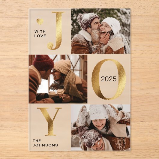 Modern Faux Gold Photo Collage Joy Christmas Card Acryl Uitnodigingen (Voorkant)