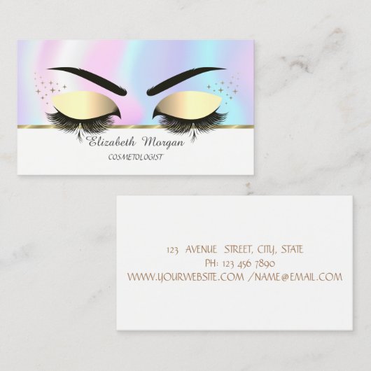 Modern Faux Gold Stripe, Lashes, holografisch Visitekaartje (Voorkant / Achterkant)