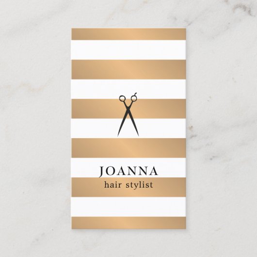 Modern Faux Gold Stripes Black Scissors Hair Visitekaartje (Voorkant)