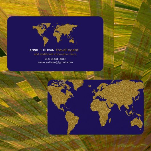 Modern Faux Gold Wereldkaart Blue Travel Agent Visitekaartje