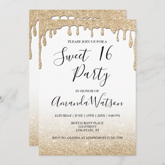 Modern faux goud druipend goud glitter ombre kaart (Voorkant / Achterkant)