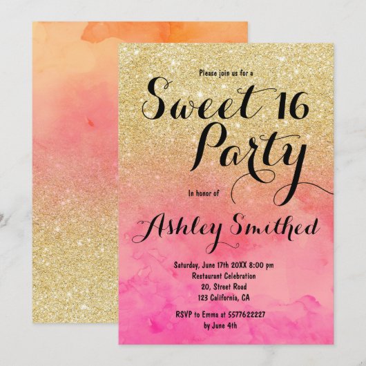 Modern faux goud glitter roze waterverf Sweet 16 Kaart (Voorkant / Achterkant)