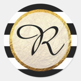 Modern Faux Goud Zwart Wit Streep Monogram Ronde Sticker