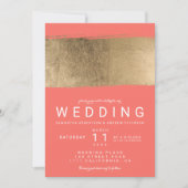 Modern faux gouden borstelslagkoraal bruiloft kaart (Voorkant)