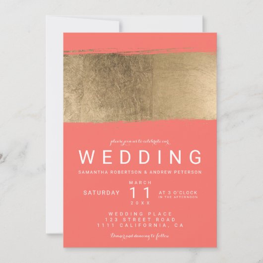 Modern faux gouden borstelslagkoraal bruiloft kaart (Voorkant)