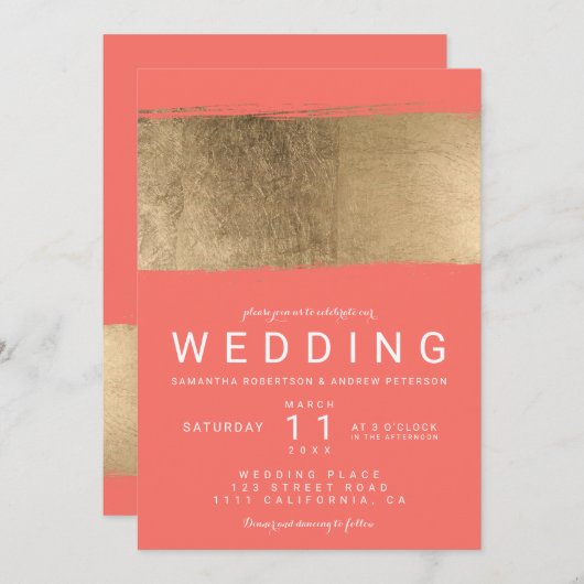 Modern faux gouden borstelslagkoraal bruiloft kaart (Voorkant / Achterkant)