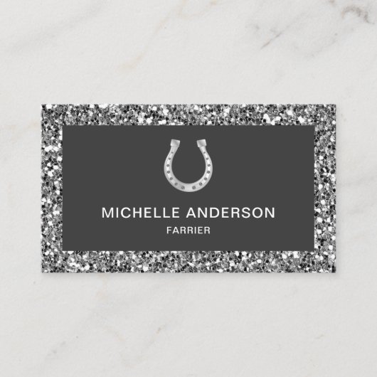 Modern Faux Grey Glitter Hoefijzer Farrier Visitekaartje (Voorkant)
