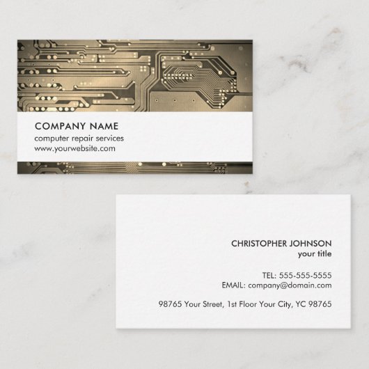 Modern Faux Metal Circuit Board Computer Reparatio Visitekaartje (Voorkant / Achterkant)