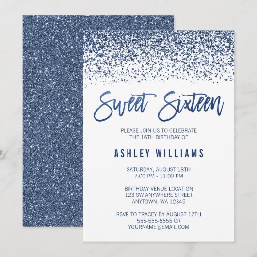 Modern Faux Navy Blue Glitter Sweet 16 Birthday Kaart (Voorkant / Achterkant)