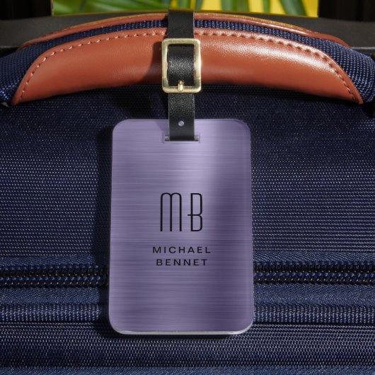 Modern faux Paarse metallic monogram Bagagelabel (Voorkant Insitu 2)
