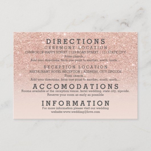 Modern faux roos gold glitter details bruiloft informatiekaartje (Voorkant)