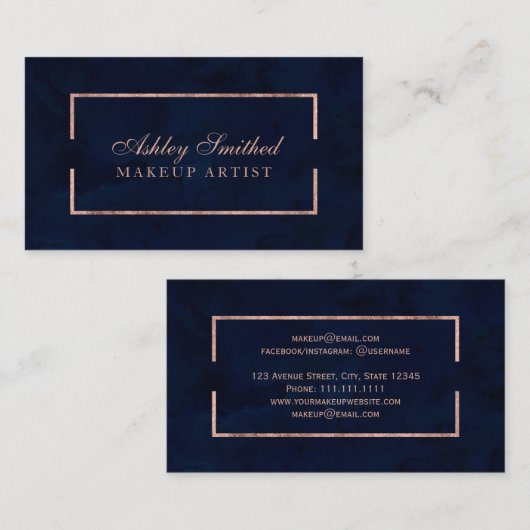 Modern faux roos gold lijst navy waterverf make-up visitekaartje (Voorkant / Achterkant)