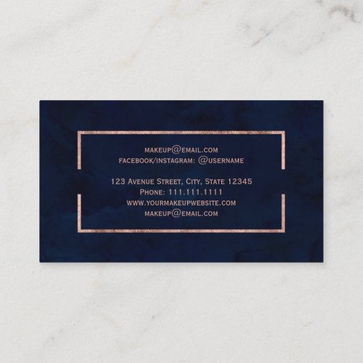 Modern faux roos gold lijst navy waterverf make-up visitekaartje (Achterkant)