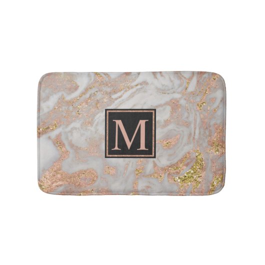 Modern Faux Roos Gold Marble Swirl Monogram Badmat (Voorkant)