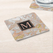 Modern Faux Roos Gold Marble Swirl Monogram Kartonnen Onderzetters (Schuin)