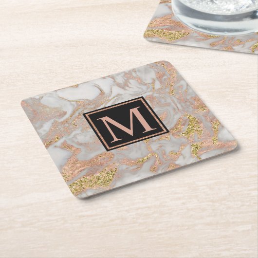 Modern Faux Roos Gold Marble Swirl Monogram Kartonnen Onderzetters (Schuin)