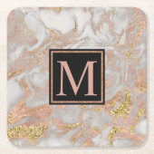 Modern Faux Roos Gold Marble Swirl Monogram Kartonnen Onderzetters (Voorkant)
