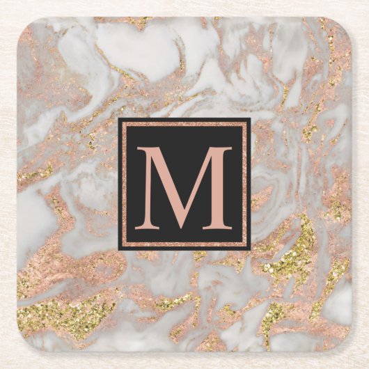 Modern Faux Roos Gold Marble Swirl Monogram Kartonnen Onderzetters (Voorkant)
