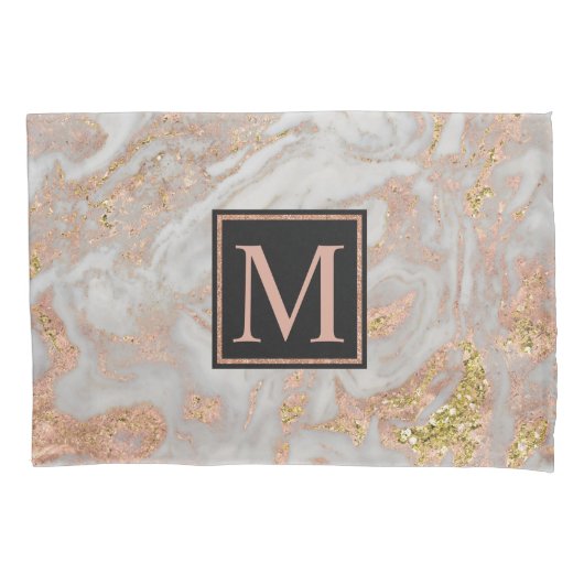 Modern Faux Roos Gold Marble Swirl Monogram Kussensloop (Voorkant)