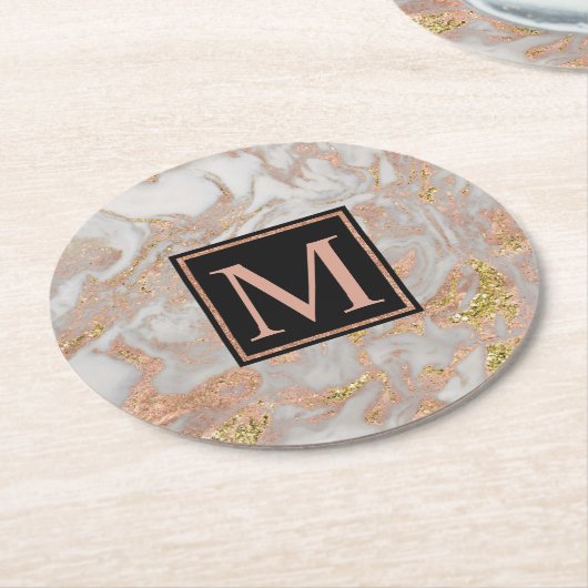 Modern Faux Roos Gold Marble Swirl Monogram Ronde Kartonnen Onderzetter (Gebogen)
