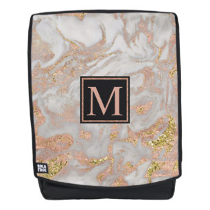 Modern Faux Roos Gold Marble Swirl Monogram Rugtassen