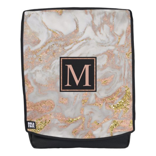 Modern Faux Roos Gold Marble Swirl Monogram Rugtassen (Voorkant)