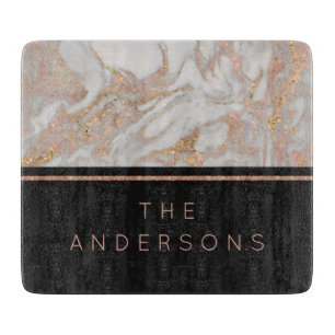 Modern Faux Roos Gold Marble Swirl Monogram Snijplank