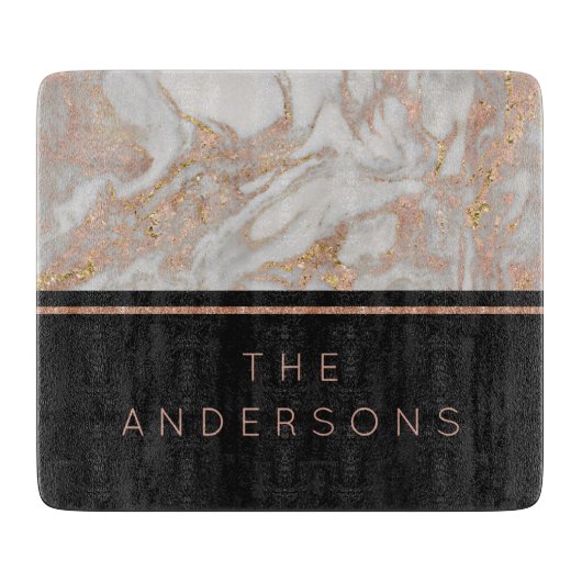 Modern Faux Roos Gold Marble Swirl Monogram Snijplank (Voorkant)