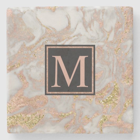 Modern Faux Roos Gold Marble Swirl Monogram Stenen Onderzetter (Voorkant)