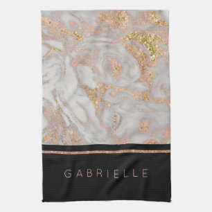 Modern Faux Roos Gold Marble Swirl Monogram Theedoek