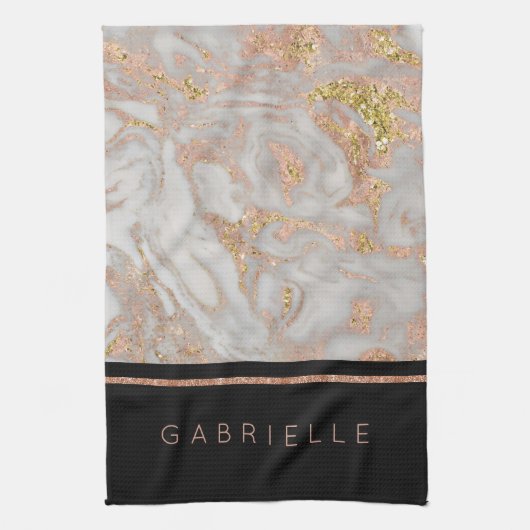 Modern Faux Roos Gold Marble Swirl Monogram Theedoek (Verticaal)