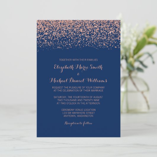 Modern Faux Roos Gold Navy Blue Glitter Wedding Kaart (Staand voorkant)