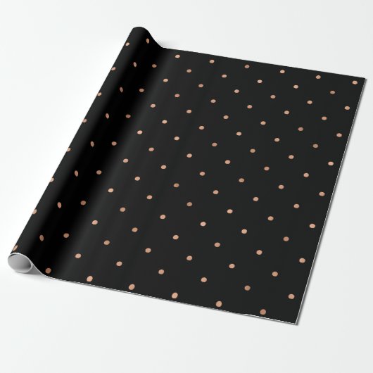 Modern Faux Roos Gold Polka Dots on Black Cadeaupapier (Uitgerold)