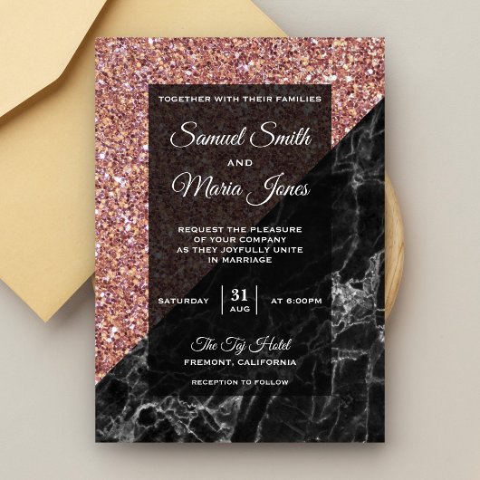 Modern Faux Roos Goud Glitter Zwart Marmer Bruilof Kaart