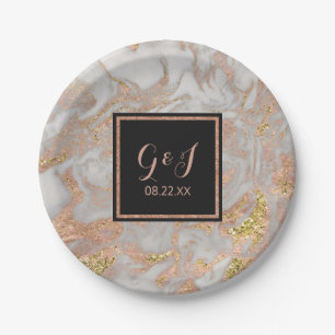 Modern Faux Roos Goud Marmer Monogram Bruiloft Papieren Bordje