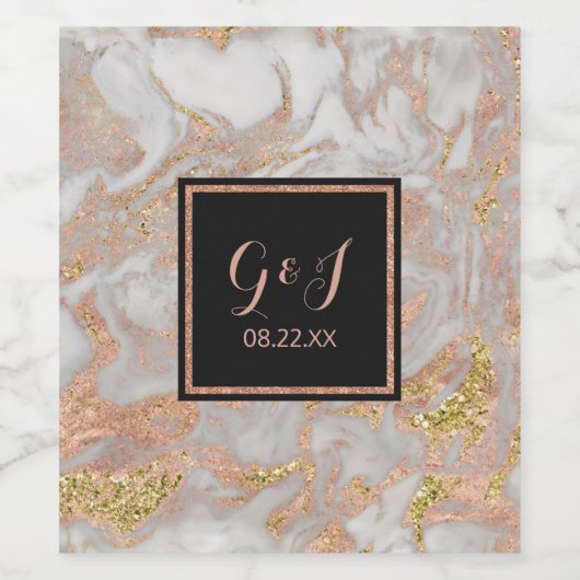 Modern Faux Roos Goud Marmer Monogram Bruiloft Wijn Etiket (Enkel label)