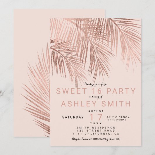 Modern faux roos gouden palmboom blush Sweet 16 Kaart (Voorkant / Achterkant)