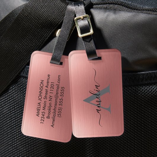 Modern Faux Rose Gold Script Monogram Personalized Bagagelabel