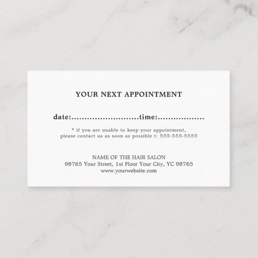 Modern Faux Silver White Hair Stylist Benoeming Afsprakenkaartje (Achterkant)