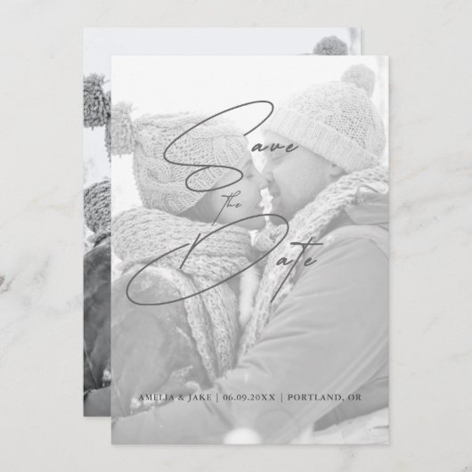 Modern Faux Vellum Black en White Photo Wedding Save The Date (Voorkant / Achterkant)