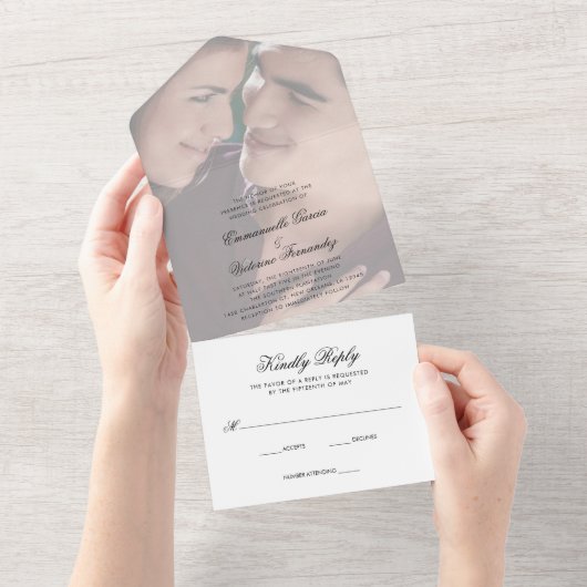Modern Faux Vellum Elegant Photo Wedding All In One Uitnodiging (Afscheurbaar)