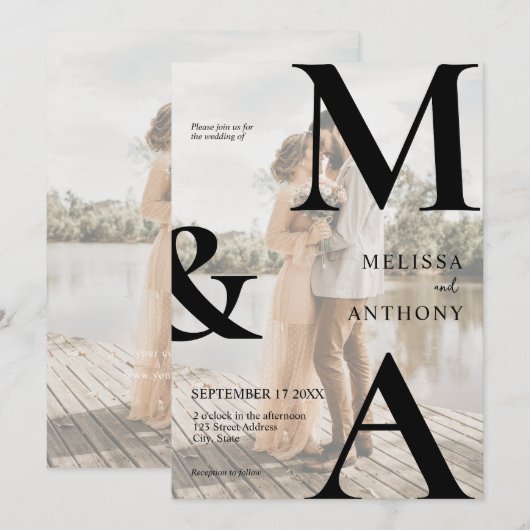 Modern Faux Vellum Monogram Foto Weddenschap Kaart (Voorkant / Achterkant)